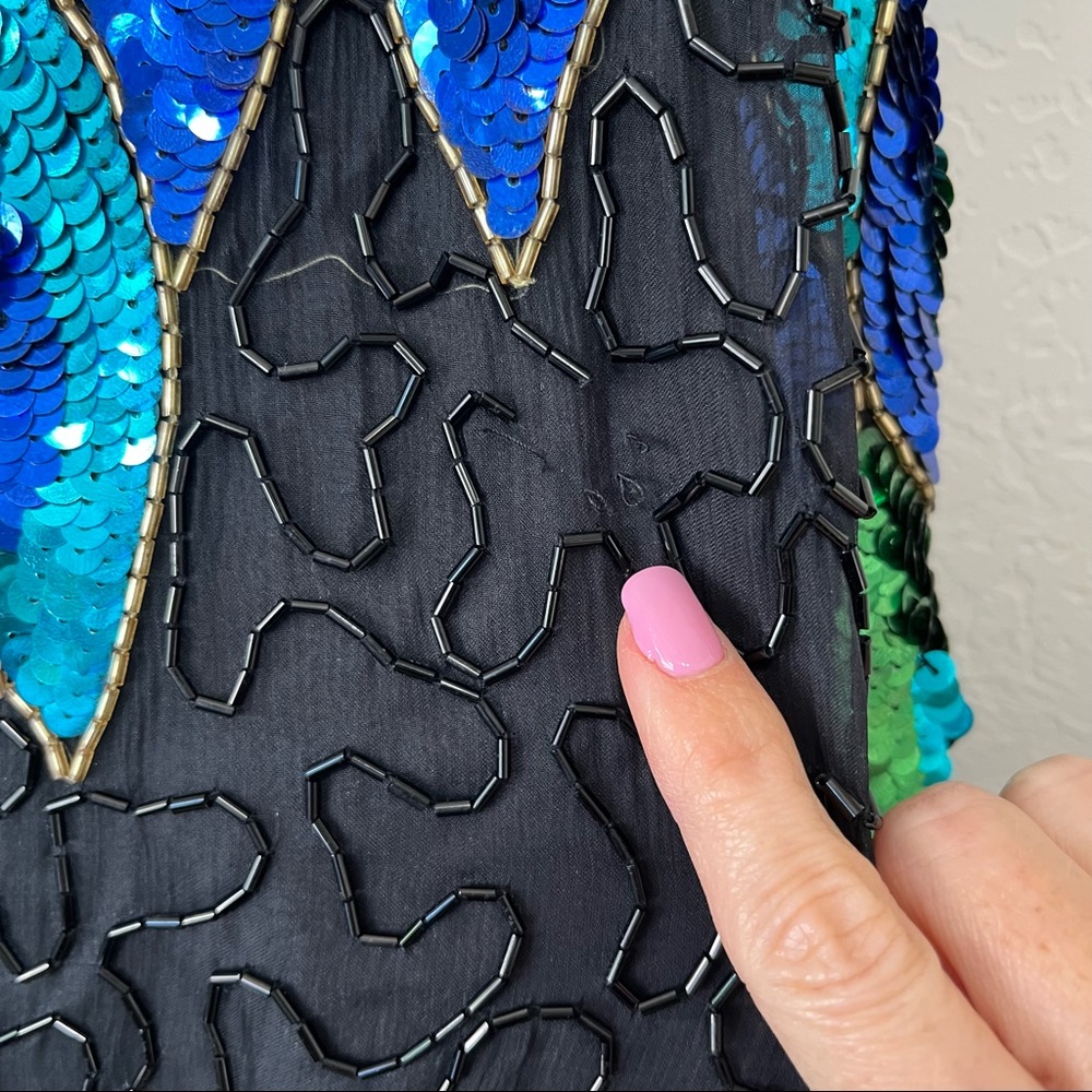 Vintage Sequin 100% Silk Peacock Green Blue Top Blouse - Picture 14 of 15
